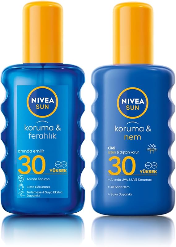 NIVEA Sun SPF 30 Koruma & Ferahlık Transparan, Suya Dayanıklı, Güneş Spreyi (200 ml) ve NIVEA Sun SPF 30 Koruma & Nem Güneş Spreyi, Suya Dayanıklı Nemlendirici Güneş Kremi (200 ml)