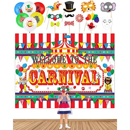 Circus Banner Backdrop with 20 Balloons & 11 Photo Booth Props for Carnival Party Supplies