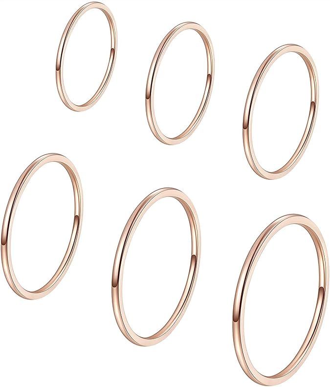Women's 6 Pieces Stainless Steel 1MM Thin Midi Stacking Rings Plain Band Comfort Fit Size 4 to 9