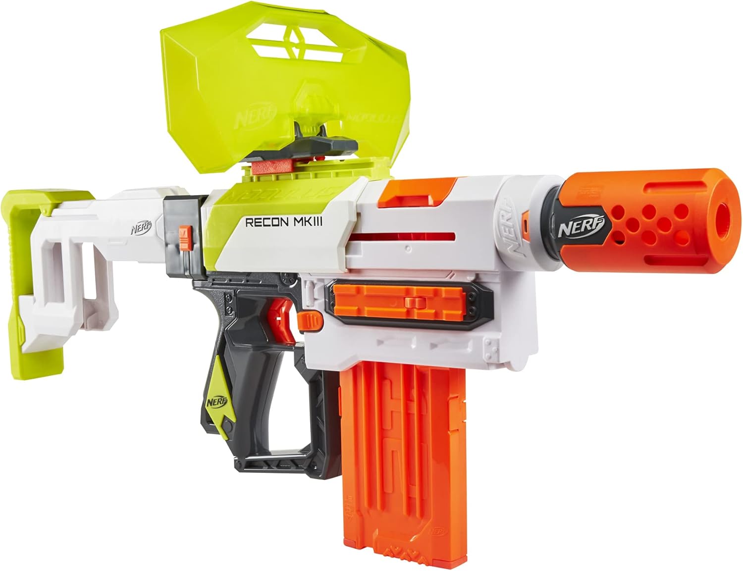 Nerf Modulus Recon MKIII Blaster, Removable Stock & Barrel, 12-Dart Clip, 12 Nerf Elite Darts, Dart Shield, Kids Outdoor Toys