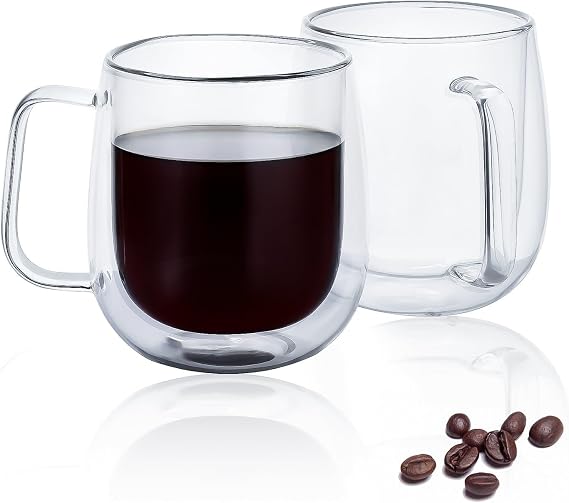 2 Pack 12 oz Double Walled Glass Coffee Mugs with handle