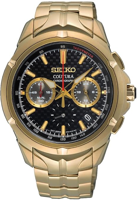 SEIKO SSB438 Men's Coutura Chronograph Quartz Watch - Black Dial Stainless Steel with Light Gold Band 100 Meters Water Resistant