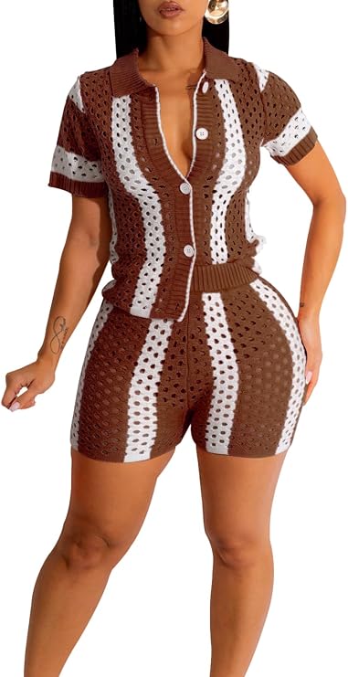 2 Piece Crochet Outfits for Women Hollow Out Knit Causal Short Sleeve Button Down Shirt and Shorts Sets