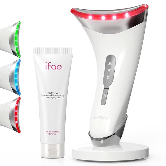 Red Light Therapy for Face and Neck, Renewal Face Lift Device with Vibration Tech, 3 in 1 Face Massager Tool with Thermals, True Beauty Glow Facial Sculptor for Wrinkles, Double Chin-White