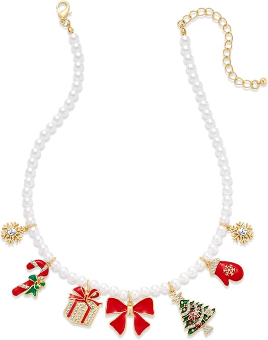 CLASSYZINT Christmas Charm Necklace for Women Red Bow Pendants