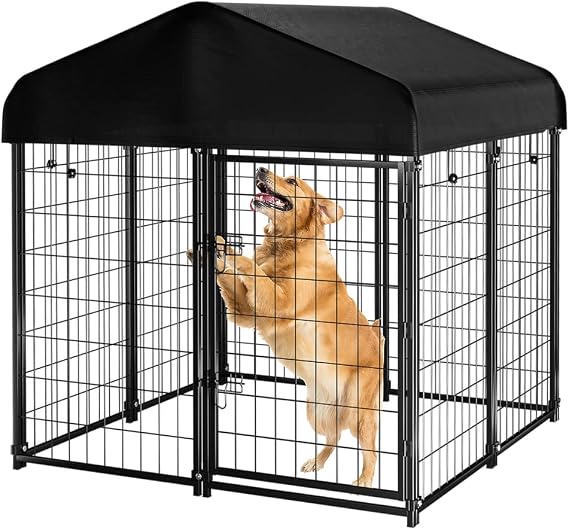 PawGiant Dog Kennel Outdoor with Roof, Dog House Outside for Medium to Small Dog, Metal Pet Crate Cage Playpen with UV-Proof Waterproof Cover (4x4x4.5 ft)