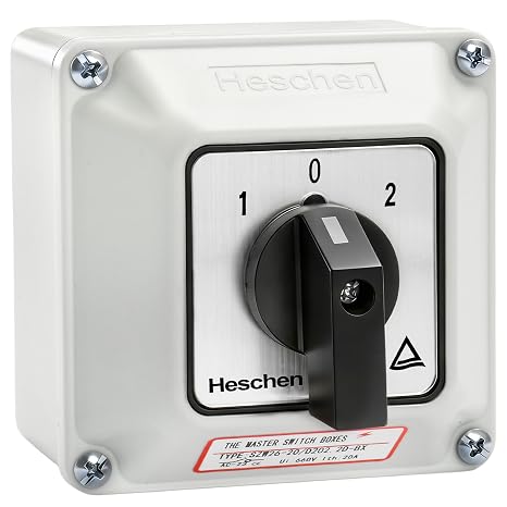 Heschen Universal Rotary Cam Selector Changeover Switch, SZW26-20/D202.2D, 660V 20A, ON-Off-ON, 3 Position 2 Phase 8 Terminals, with Master Switch Exterior Box (Bigger Box)