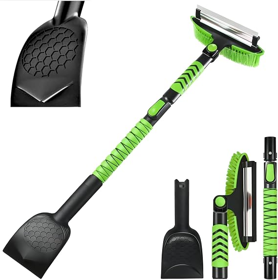 ShouRong Snow Shovel & Ice Scrapers for Car Windshield, Snow Brush and Ice Scraper with Squeegee, Snow Removal Tool, Winter Car Accessories,Extendable Aluminum Handle, 180Pivoting Brush Head, Green