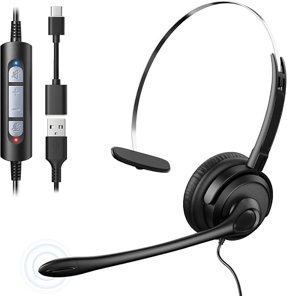 Voistek USB Headset with Microphone for Laptop PC, 2-in-1 Type-C/USB-A, Wired On-Ear Computer Headphones with Noise Cancelling Mic and In-line Control for VoIP, Call Center, Teams, Zoom, Skype