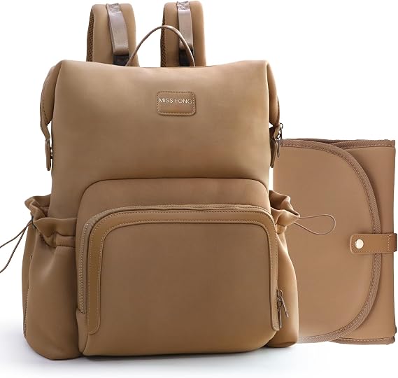 MISS FONG Changing Bag Backpack, Baby Bag Backpacks Neoprene Baby Changing Bags Nappy Maternity Bag Travel Large Capacity with Changing Mat Stroller Insulated Pockets 12 Pockets for Mom & Dad-Brown
