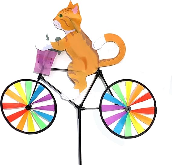 Backyard Wind Spinner Yellow Tabby Cat on a Bicycle Spinner Carrying a Llittle Mouse Pinwheel Windmill Colorful Garden Decoration