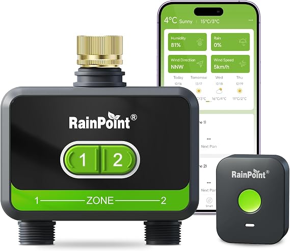 RainPoint WiFi Water Timer for Garden Hose with Brass Inlet, 2-Zone Smart Sprinkler Hose Timer, WiFi Irrigation Controller, Automatic Watering System for Lawns and Yard