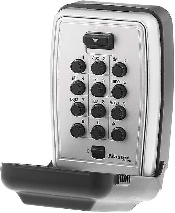 Master Lock Wall Mount Key Lock Box with Push Button for House Keys, Outdoor Safe with Combination Lock, 5 Key Capacity, 5423EC , Black