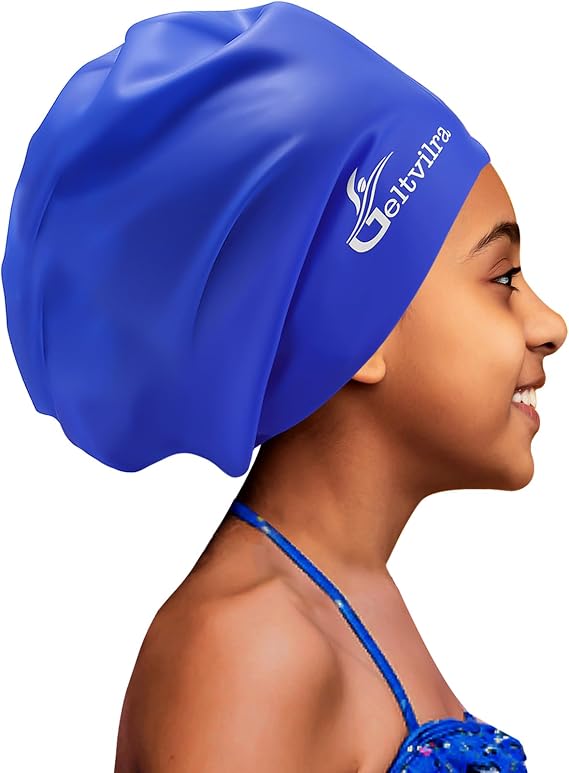 Extra Large Swim Cap for Kids Black Girls Aged 4 to 16 with Long Hair Braids Dreadlocks, Waterproof Silicone Swimming Hat Turban Hair Protection for Boys Toddler Children Youth
