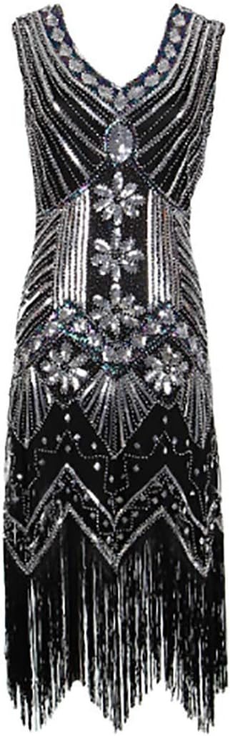 Women 1920 s Vintage Great Gatsby Dress Sequins Dress V-Neck Tassels Bodycon Beaded Party Dress Flapper Dresses Art Deco Double (XL, Silver)