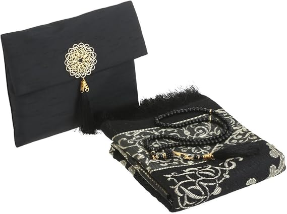 Prien Muslim Prayer Rug with Tasbih and Portable Bag, Muslim Gift for Women Men, Mubarak Islamic Box, Soft Mat Islam Gifts Set, Turkish Sajadah for Ramadan, Eid, Hajj, Travel, Pray (Black)