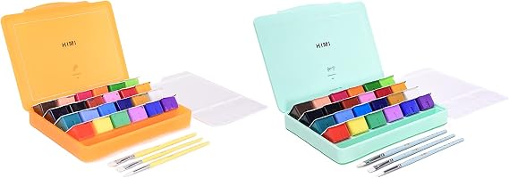 HIMI Gouache Paint,2 Sets of 24 Colors30ml with Paint Brushes, Unique Jelly Cup Design, Non Toxic for Artist, Student & Kids, Gouache Watercolor Painting(Green & Orange)