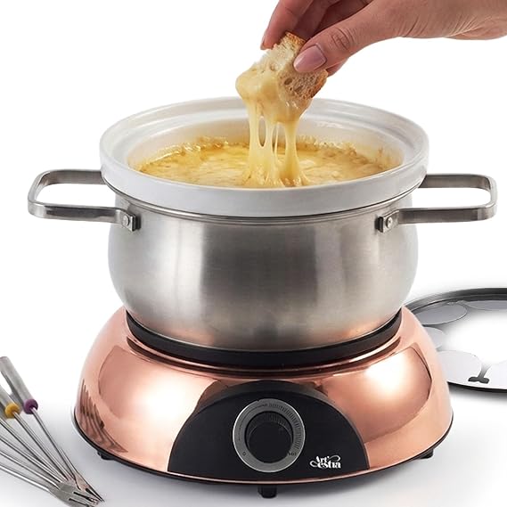 Artestia Electric Fondue Pot Set, 2.6QT, Adjustable Temperature Control, Removable Stainless Steel & Ceramic Bowls, 8 Color-Coded Forks, for Cheese, Chocolate, Broth & Hot Pot