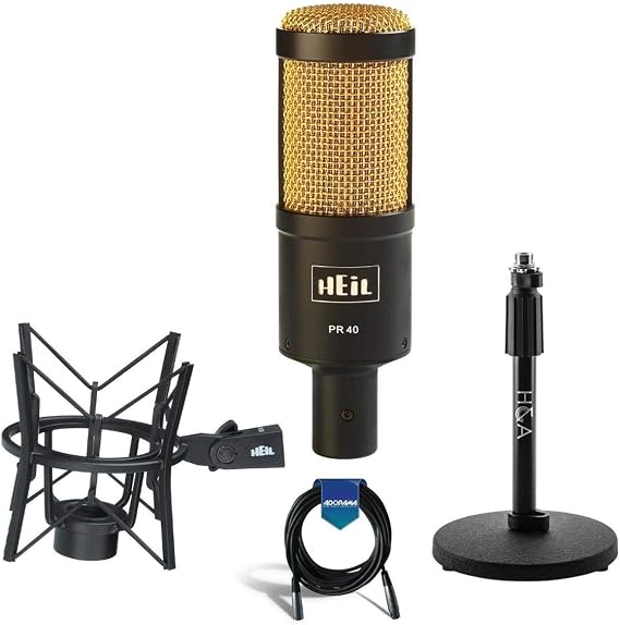 Heil Sound PR40 Large Diameter Dynamic Cardioid Studio Microphone, Black Body, Gold Grill - Bundle with Heil Sound PRSM Shock Mount, HA Telescoping Tabletop Microphone Stand, 20' XLR Mic Cable