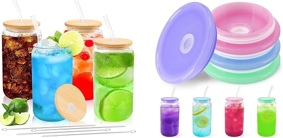 Joyclub Bundle of Glass Cups with Bamboo Lids and Straws 4 Set 16 oz and 4 Pack Acrylic Lids