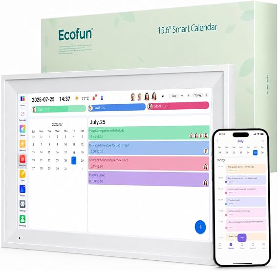 15.6-Inch Smart Digital Calendar & Chore Chart, 1080P Touchscreen Family Planner with Meal Planner & Reward System, Desk & Wall Mountable (White)