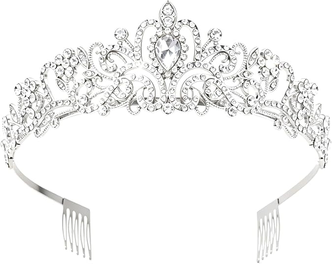 Silver Crystal Tiara Crown for Women Girls, Elegant White Rhinestone Princess Queen Headband, Bridal Wedding Hair Accessories for Prom Pageant Birthday Party