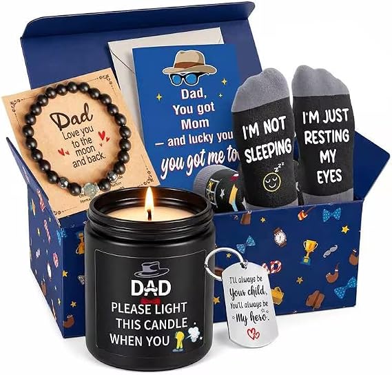 Dad Gifts Box - Fathers Day Christmas Birthday Dad Gifts from Daughter Son, Gift Set with Candle Bracelet Keychain Socks Card for Men