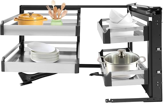 Blind Corner Pull Out Organizer, 15 Inch Right Swing, 2 Tier 4 Shelf, Chrome Soft Close