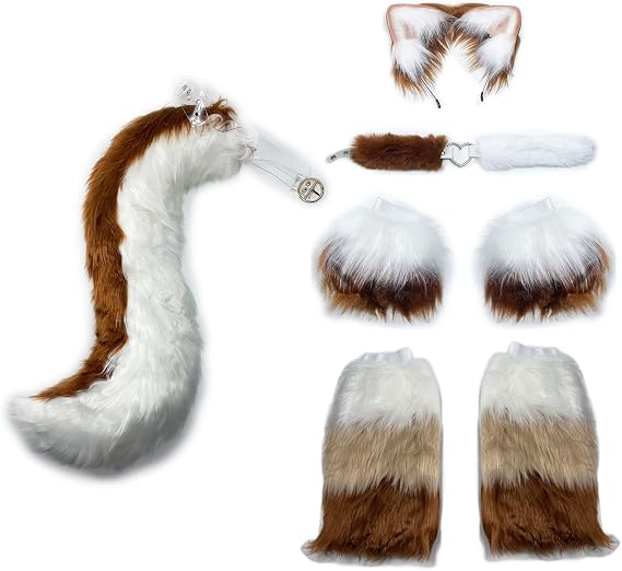 Faux Fur Cat Ears Hair Hoop Furry Wolf Fox Tail Halloween Neck Chocker Fuzzy Wrist Leg Warmer Cuff Cover Cosplay Set