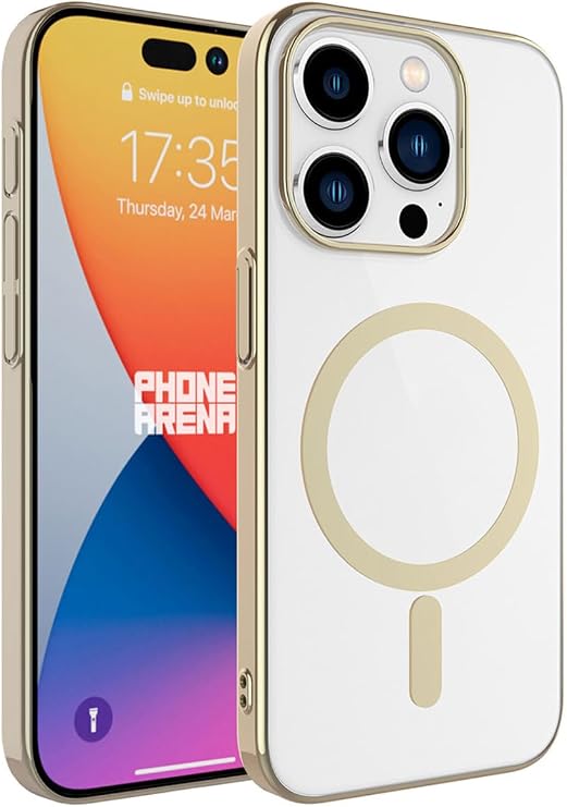 Apple iPhone 15 Pro Uyumlu Renkli Kenarlı Magsafe Şeffaf Silikon Kılıf, Gold