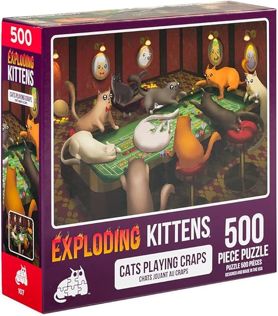 Cats Playing Craps Jigsaw Puzzle by Exploding Kittens - 500 Pieces, Ideal for Adults, Teens, and Kids - A Funny and Artistic Cat-Themed Puzzle | A 500-piece jigsaw puzzle with premium blue board pieces, full-color reference sheet, and 100% recycled materials.