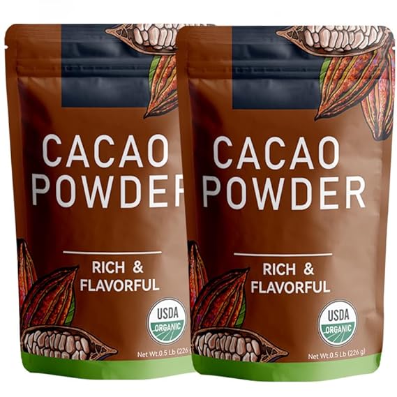 226g/2pack, Organic Cacao Powder - Unsweetened Dark Cocoa for Keto & Paleo Baking, Rich Chocolate Flavor, Non-GMO, Vegan, Gluten-Free, Resealable Bag