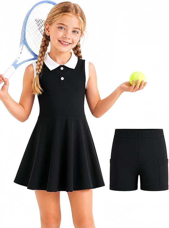 Girls Tennis Dress Sleeveless Polo Dress with Separate Shorts Pockets 5-15Y