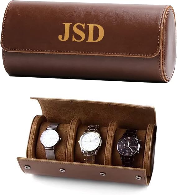 Personalized 3 Watch Case Leather Watch Roll Travel Case for Storage Organizer and Display for Men, Custom Name with Innovative Removable Pillows & Solid Dividers for Home Storage