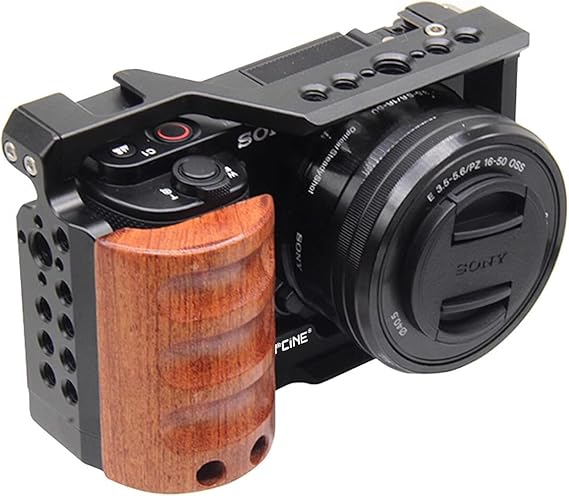Camera Cage for Sony Alpha ZV-E10 with Wood Handle Full Cage with Wooden Handgrip for Sony ZVE10, Aluminum Camera Rig Video Shooting Accessories, Cold Shoe Mic/Light Filming Vlog Camera Kit