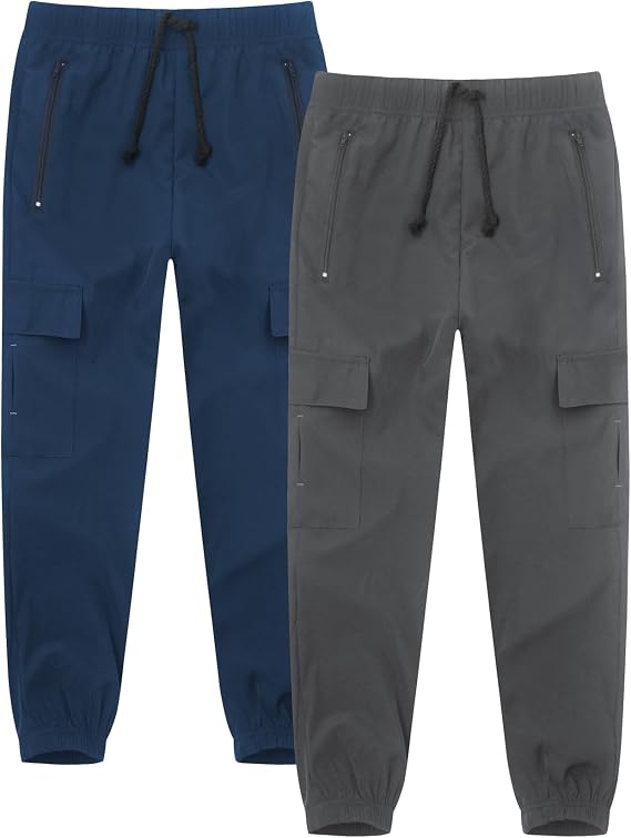 Boys Cargo Joggers Pants 2 Pack Zipper Pockets Hiking Uniform