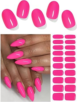 Semi Cured Gel Nail Strips, Bright Pink 20pcs UV Nails Sticker, Summer Wraps for Home Manicure DIY