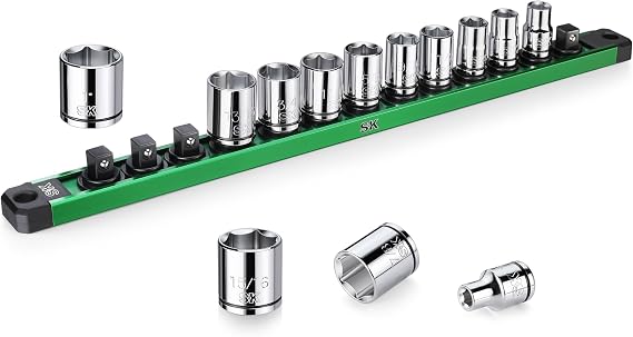 SK 3/8" Drive Socket Set, SAE Sockets, 13-Piece, 1/4" to 1", SuperKrome Finish, Premium CR-V Construction, with Aluminum Socket Organizer