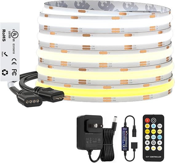 BTF-LIGHTING UL Listed Tunable White 3000K-6000K COB LED Strip Light Kit | DC24V 32.8FT CRI90+ Dimmable CCT Super Bright LED Light with RF Remote for Home Kitchen Cabinet Office Indoor DIY Lighting