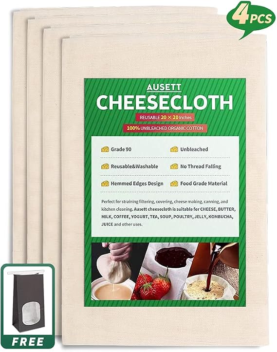 Cheesecloth,muslin cloth,2020 Inches Hemmed Edges Grade 90,Natural Reusable Strainer Cloth,100% unbleached cheesecloth,Suit For Household And Professional Use,Cooking Helper(4 Pieces),cheese clothes