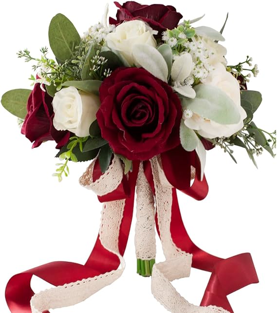 Burgundy & White Wedding Bouquets for Bride Bridesmaids | Bridal Bouquet for Wedding Silk Artificial Rose Flowers Bouquet