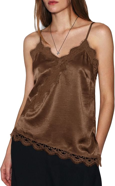 Cicy Bell Women Satin Lace Top Spaghetti Strap Asymmetrical Silk Camisole | Sleeveless, Backless, V Neck, Going Out, Party, Date Night, Casual Tank Cami