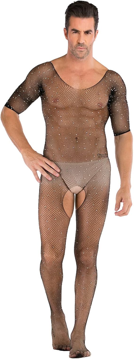JEsilunmaMY Mens Lace One Piece Bodysuit Plus Size Sexy Tight Cutout Elastic Lingerie See Through Hollow Stockings Underwear