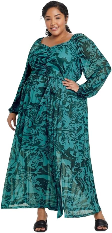Ava & Viv Women's Plus Size Balloon Long Sleeve Cinched Mesh Dress -