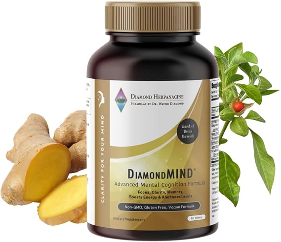 DiamondMIND Brain Support Supplement - Natural Formula for Mental Energy & Cognitive Function - Focus, Clarity, and Memory Supplement - Less Mental Stress - Vegan, Gluten-Free, Dairy-Free - (60 Count)