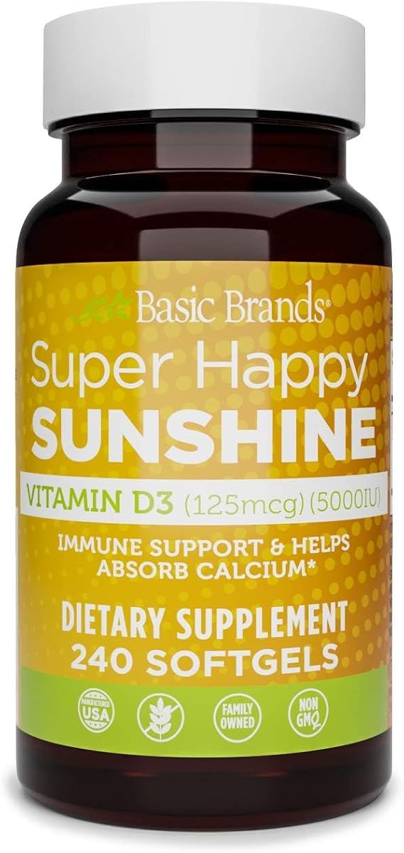 Basic Brands Super Happy Sunshine Vitamin D3 5000 IU Vitamin D Supplement for Immune Support, Bone & Muscle Non-GMO, Gluten-Free, 240 Softgels