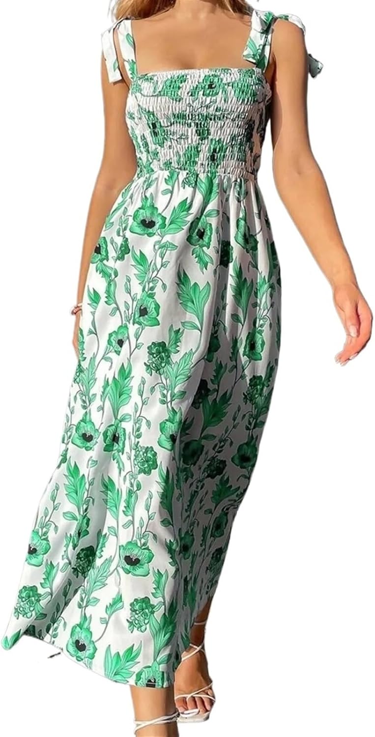 Womens Floral Dresses Summer Bohemian Boho Print Sleeveless Pleated Square Neck Beach Casual Backless Sundress