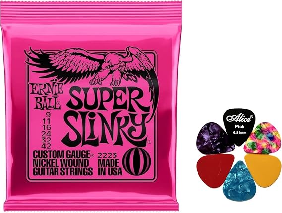 Bundle Ernie Ball Super Slinky Guitar Strings 2223 (9-42) with 6 plectrums