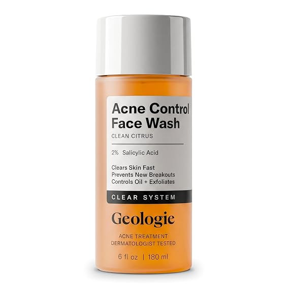 Geologie Acne Control Face Wash | 2% Salicylic Acid Exfoliating Cleanser | Clears Skin, Controls Oil & Prevents Breakouts | Clean Citrus Scent | For Men & Women | 6 fl oz