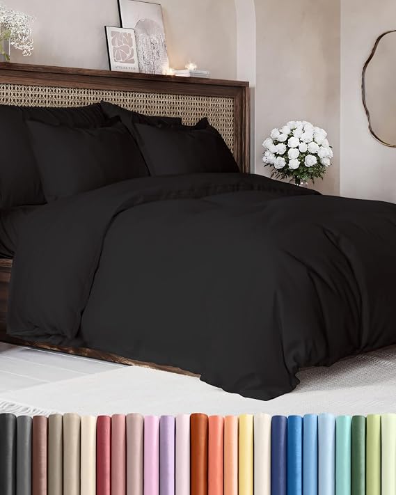 Duvet Cover Queen Size - Extra Soft 3 Piece with Zipper Closure - Black
